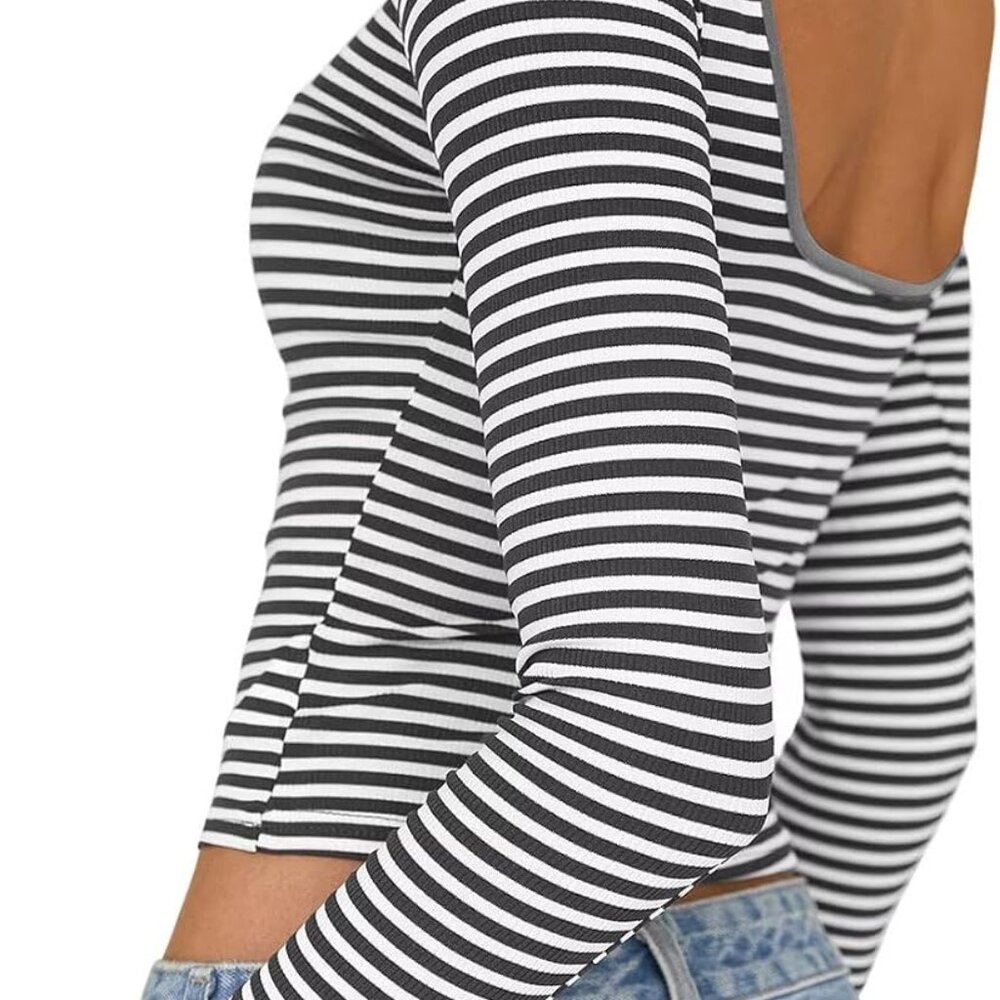 Womens Summer Short/Long Sleeve Tops Sexy Backless Striped Shirts Going Out T-Sh